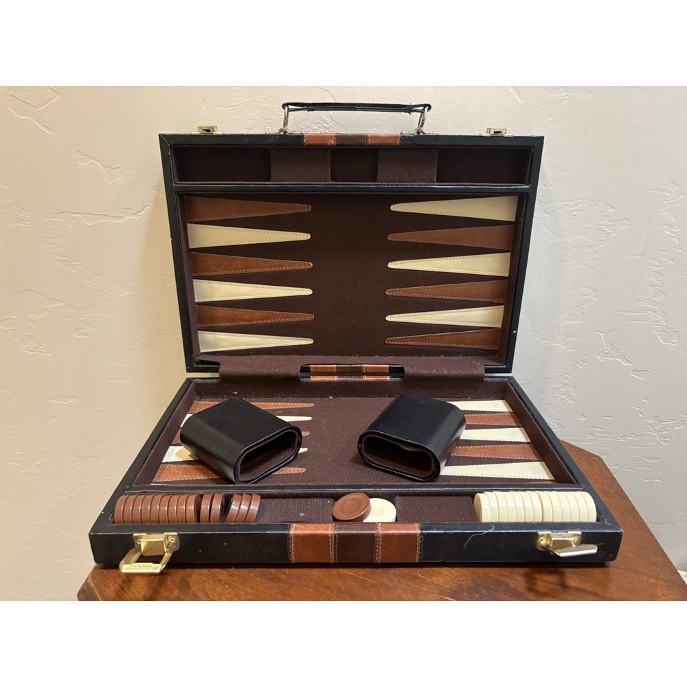 Vintage Reiss Backgammon Game Set Briefcase Case Brown Racing Stripes Complete